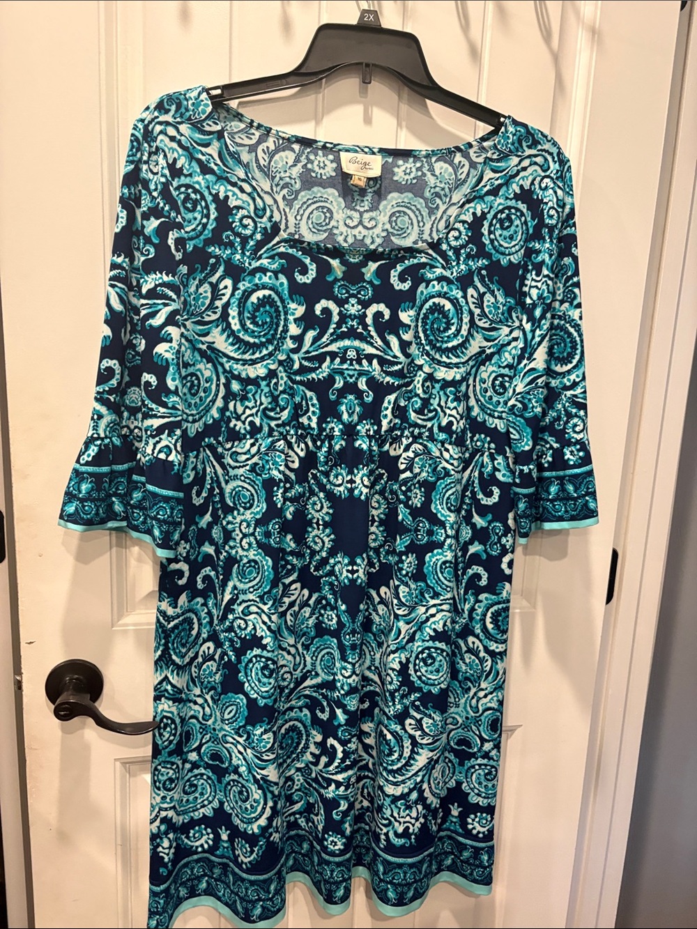 Beige by Eci. Printed bell sleeve dress teal blue,white,navy paisley print dress